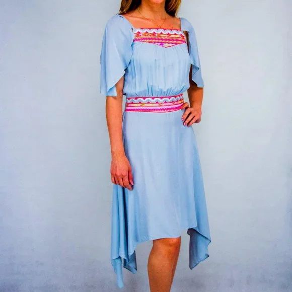 BCBGMaxAzria | Dresses | Bcbg Max Azria Light Blue Pink Embroidered Asymmetrical  Dress | Poshmark